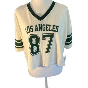 Orange Kiss TShirt Womens Size Large White Green Crop Top VNeck Varsity Graphic